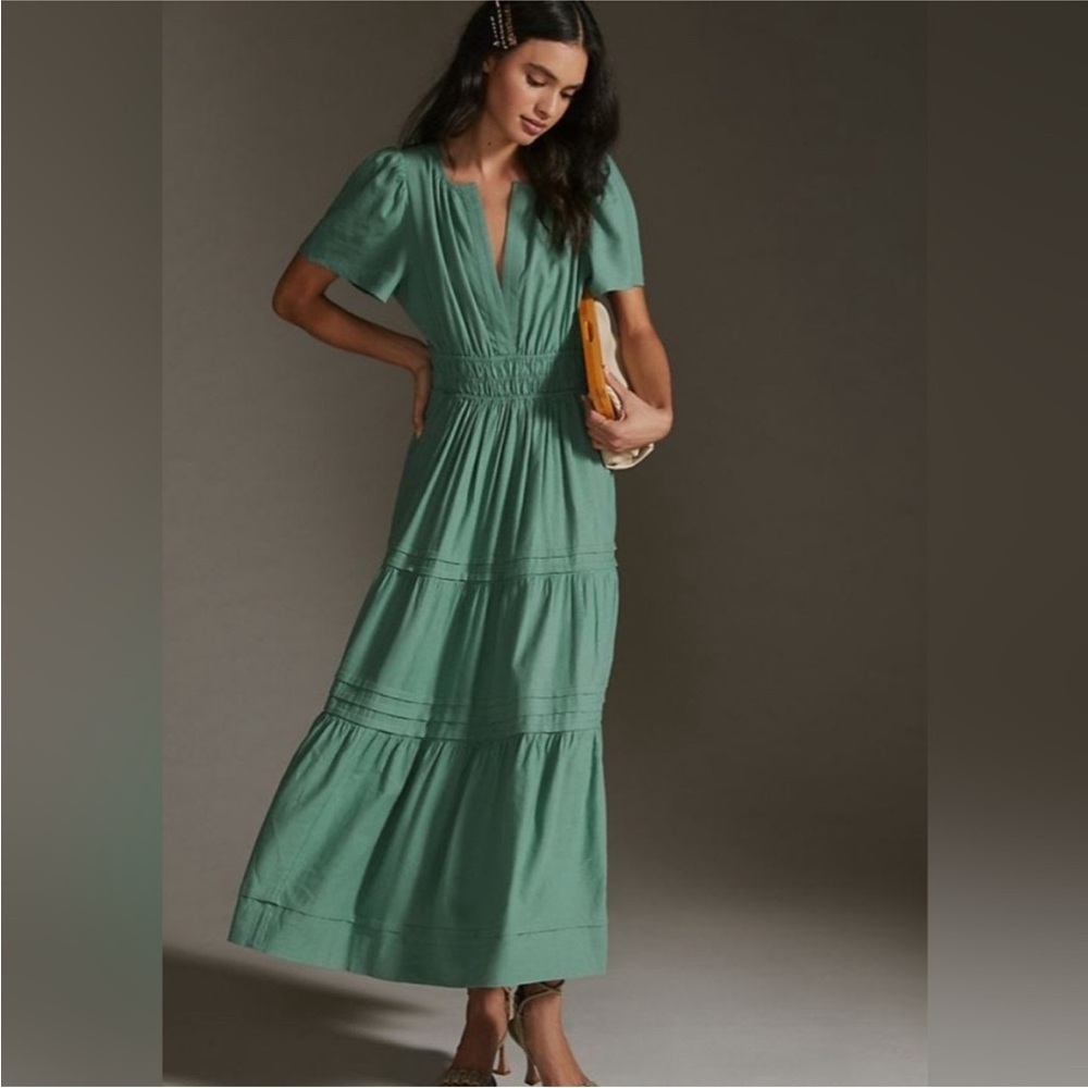 Anthropologie The Somerset Linen Blend Maxi Dress XS Green Tiered V-Neck Long